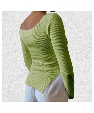 Women's Square Neck Ribbed Knitted Sweater Long Sleeve Crop Slim Fitted Basic Pullover Tops Green $16.52 Sweaters