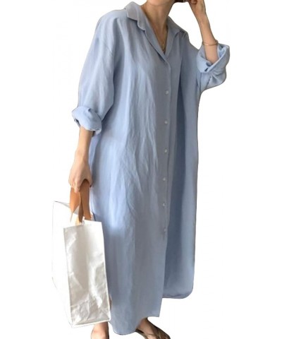 Women's Summer Bathing Suit Cover Up Loose Lightweight Linen Button Down Maxi Shirt Dress Light Blue $10.12 Blouses