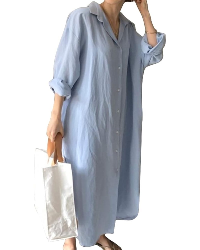 Women's Summer Bathing Suit Cover Up Loose Lightweight Linen Button Down Maxi Shirt Dress Light Blue $10.12 Blouses