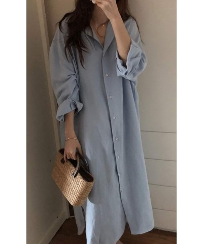 Women's Summer Bathing Suit Cover Up Loose Lightweight Linen Button Down Maxi Shirt Dress Light Blue $10.12 Blouses