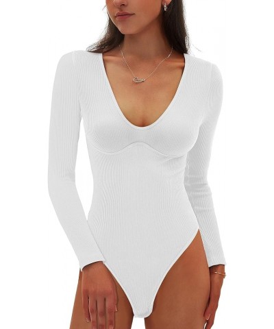 Womens Sexy V Neck Bodysuit Basic Ribbed Long Sleeve Shirt Fall Tops White $9.68 Bodysuits