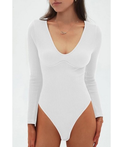 Womens Sexy V Neck Bodysuit Basic Ribbed Long Sleeve Shirt Fall Tops White $9.68 Bodysuits