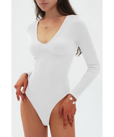 Womens Sexy V Neck Bodysuit Basic Ribbed Long Sleeve Shirt Fall Tops White $9.68 Bodysuits