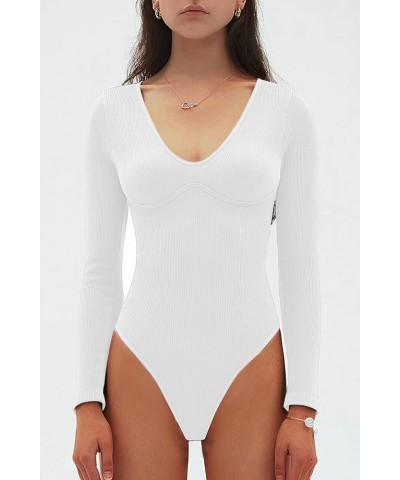 Womens Sexy V Neck Bodysuit Basic Ribbed Long Sleeve Shirt Fall Tops White $9.68 Bodysuits