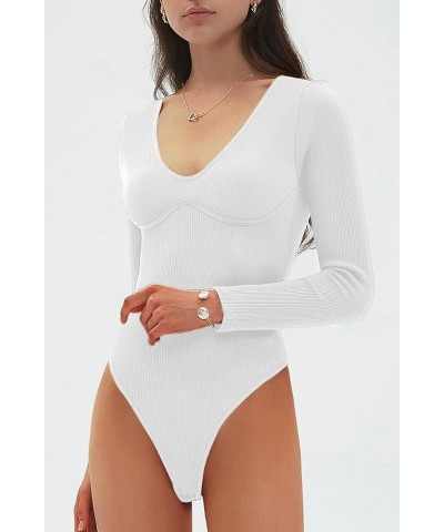 Womens Sexy V Neck Bodysuit Basic Ribbed Long Sleeve Shirt Fall Tops White $9.68 Bodysuits