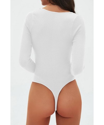 Womens Sexy V Neck Bodysuit Basic Ribbed Long Sleeve Shirt Fall Tops White $9.68 Bodysuits