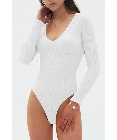 Womens Sexy V Neck Bodysuit Basic Ribbed Long Sleeve Shirt Fall Tops White $9.68 Bodysuits