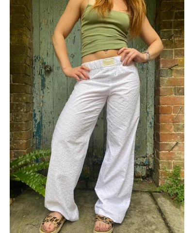 Women Y2k Lounge Pants Comfy Wide Leg Drawstring Elastic Palazzo Pants Summer Loose Casual Trousers Streetwear Embroidered Wh...