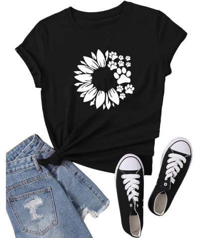 Dog Mom Tshirts for Women Dog Paw Shirt Funny Dog Paw Graphic Print Casual Dog Mom Short Sleeve Tops Paw Sunflower 01 Black $...