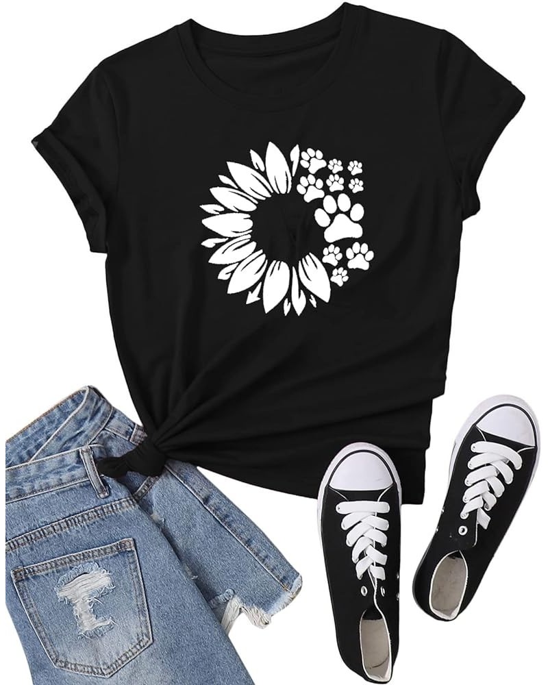 Dog Mom Tshirts for Women Dog Paw Shirt Funny Dog Paw Graphic Print Casual Dog Mom Short Sleeve Tops Paw Sunflower 01 Black $...