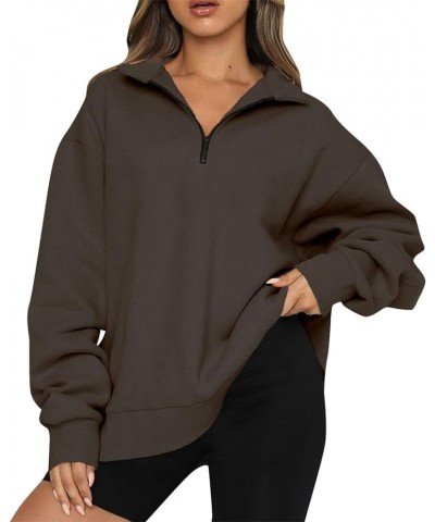 Womens Oversized Sweatshirts Hoodies Half Zip Pullover Fall Fashion Outfits 2023 Y2k Clothes Brown $10.80 Hoodies & Sweatshirts