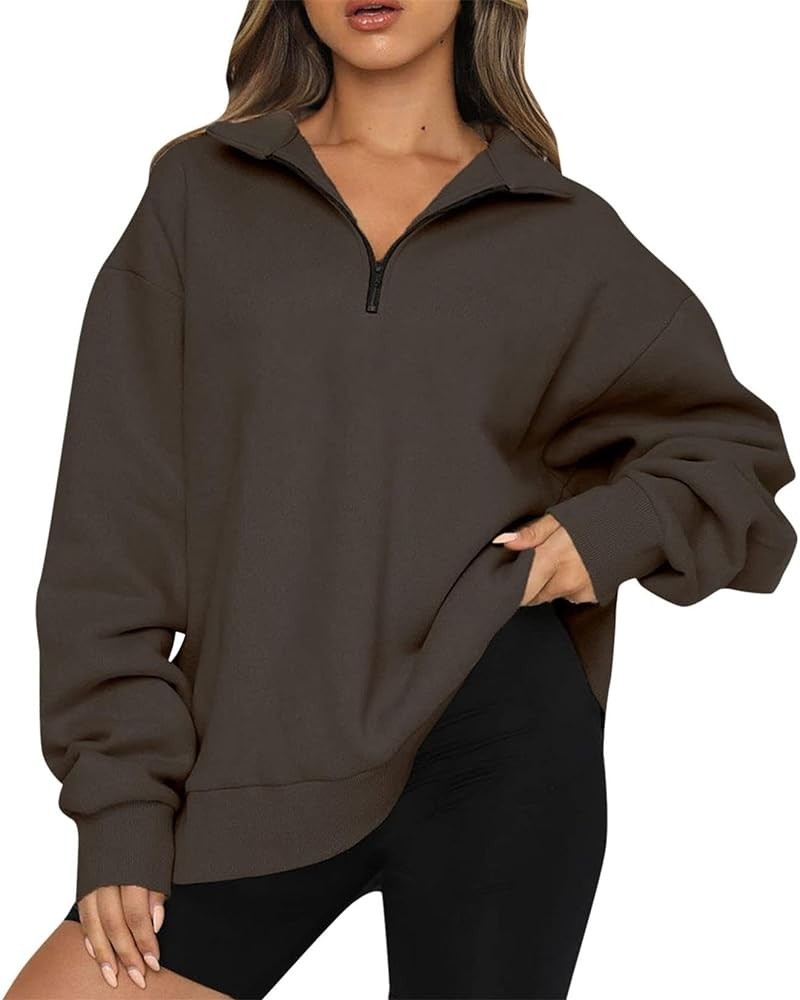 Womens Oversized Sweatshirts Hoodies Half Zip Pullover Fall Fashion Outfits 2023 Y2k Clothes Brown $10.80 Hoodies & Sweatshirts