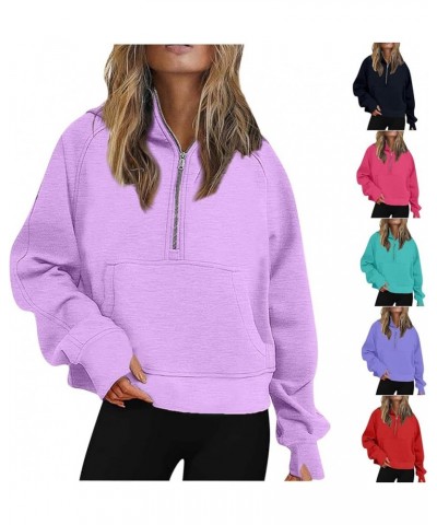 Women Half Zip Hooded Sweatshirt Thumb Hole Hoodie Pullover with Kangaroo Pocket Raglan Sleeve Quarter Zipper Hoodie 04 Purpl...