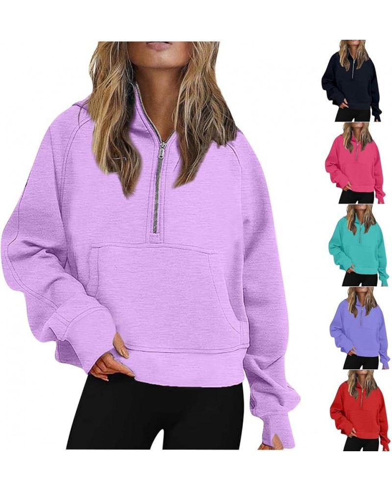 Women Half Zip Hooded Sweatshirt Thumb Hole Hoodie Pullover with Kangaroo Pocket Raglan Sleeve Quarter Zipper Hoodie 04 Purpl...