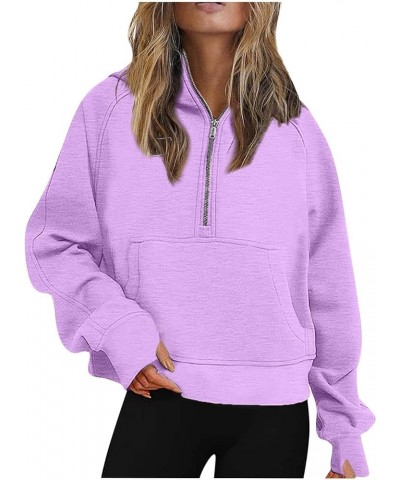 Women Half Zip Hooded Sweatshirt Thumb Hole Hoodie Pullover with Kangaroo Pocket Raglan Sleeve Quarter Zipper Hoodie 04 Purpl...