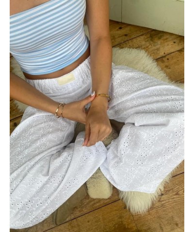 Women Y2k Lounge Pants Comfy Wide Leg Drawstring Elastic Palazzo Pants Summer Loose Casual Trousers Streetwear Embroidered Wh...