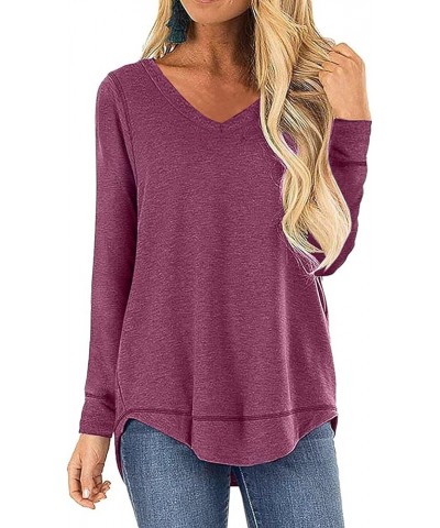 Tops for Women Long Sleeve V Neck Side Split Casual Loose Tunic Top S-2XL Vneck-plum Red $8.83 Tops