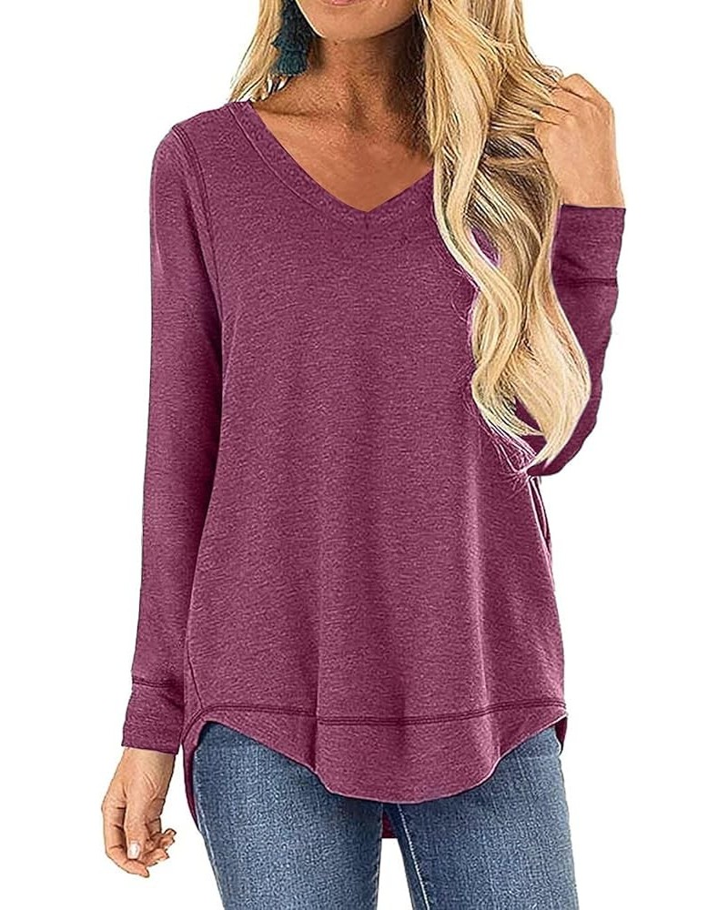 Tops for Women Long Sleeve V Neck Side Split Casual Loose Tunic Top S-2XL Vneck-plum Red $8.83 Tops