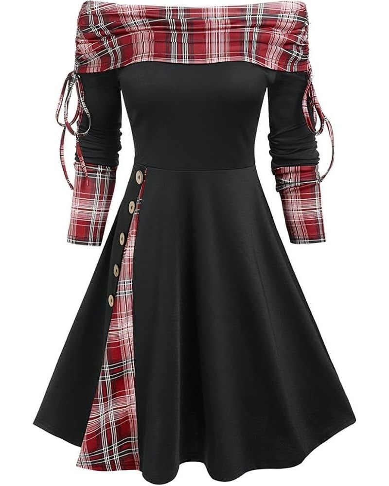 Women's Vintage Off Shoulder Plaid Patchwork Midi Dress Casual Long Sleeve A-Line Winter Dresses for Women Color06 $14.35 Dre...