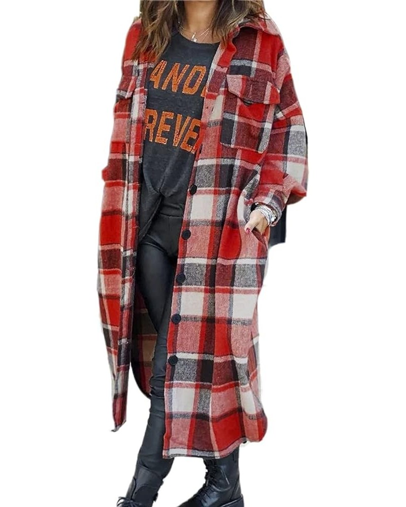 Womens Long Sleeve Plaid Wool Blend Pea Coat Button Up Shacket Shirt Long Jacket Coat Red $26.78 Coats