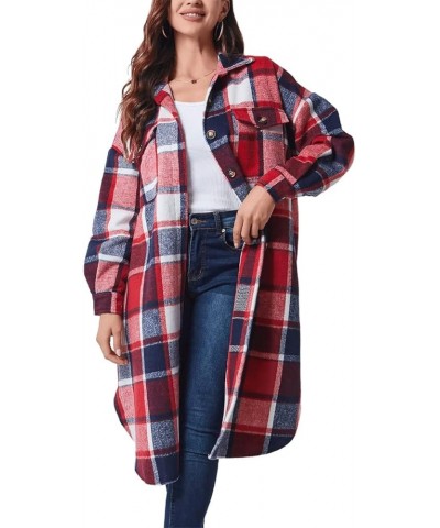 Womens Long Sleeve Plaid Wool Blend Pea Coat Button Up Shacket Shirt Long Jacket Coat Red $26.78 Coats