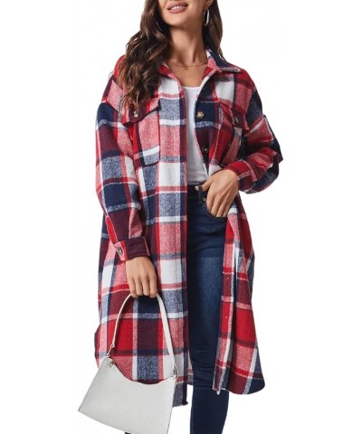 Womens Long Sleeve Plaid Wool Blend Pea Coat Button Up Shacket Shirt Long Jacket Coat Red $26.78 Coats