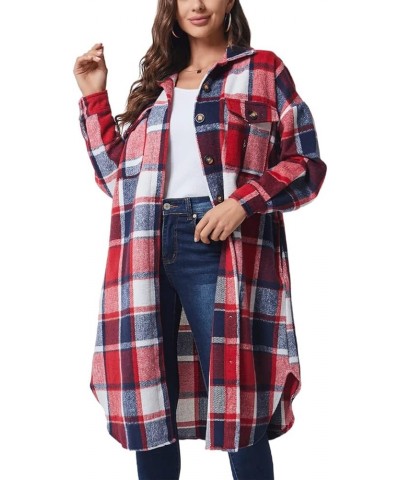 Womens Long Sleeve Plaid Wool Blend Pea Coat Button Up Shacket Shirt Long Jacket Coat Red $26.78 Coats