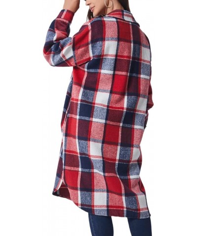 Womens Long Sleeve Plaid Wool Blend Pea Coat Button Up Shacket Shirt Long Jacket Coat Red $26.78 Coats