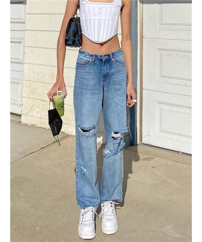 Women's Aesthetic Y2K Pants Vintage Harajuku Punk Grunge Casual Streetwear Slim Low Waist Bell Bottom Denim Trouser B Blue $1...