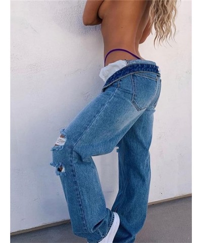 Women's Aesthetic Y2K Pants Vintage Harajuku Punk Grunge Casual Streetwear Slim Low Waist Bell Bottom Denim Trouser B Blue $1...