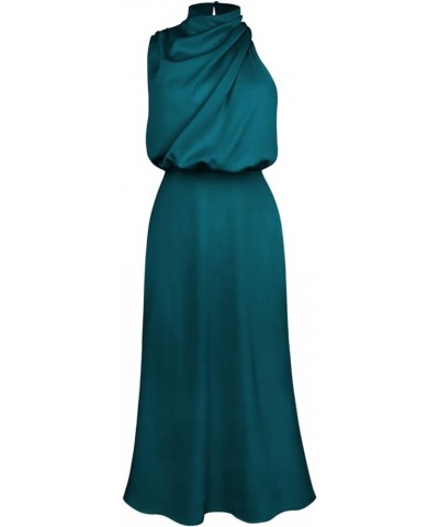 Women's Satin Mock Neck Maxi Dress Sleeveless Elegant Elastic High Waist Formal Wedding Cocktail Prom Party Dresses Lake Blue...