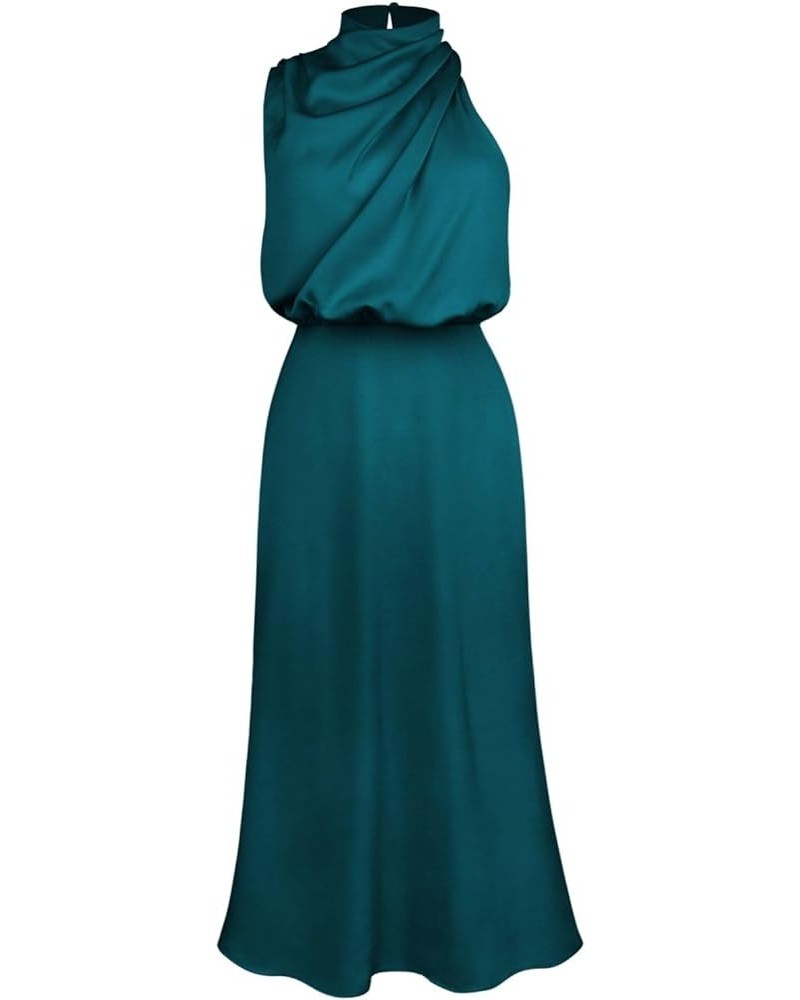 Women's Satin Mock Neck Maxi Dress Sleeveless Elegant Elastic High Waist Formal Wedding Cocktail Prom Party Dresses Lake Blue...