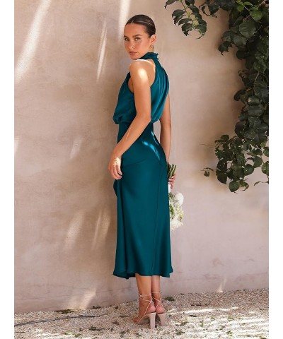 Women's Satin Mock Neck Maxi Dress Sleeveless Elegant Elastic High Waist Formal Wedding Cocktail Prom Party Dresses Lake Blue...