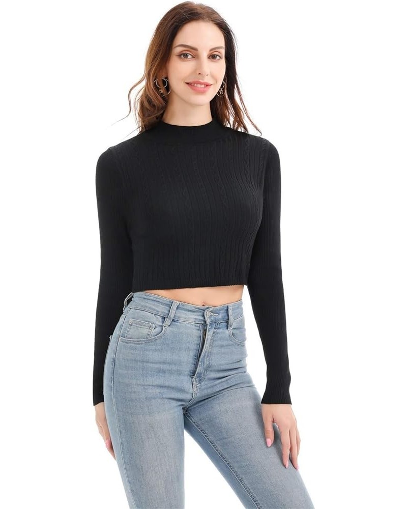 Women's Cute Cropped Sweater Top Cable Knit Mock Neck Pullover Light Weight Black $14.49 Sweaters