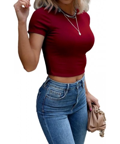 Womens Summer Short Sleeve Slim Fitted Tshirt Round Neck Ribbed Crop Tops Short Sleeve Wine $12.23 T-Shirts