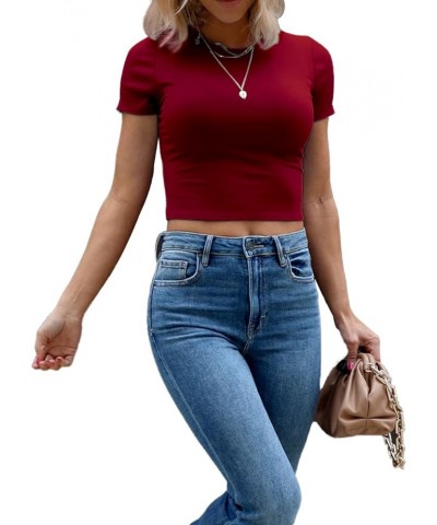 Womens Summer Short Sleeve Slim Fitted Tshirt Round Neck Ribbed Crop Tops Short Sleeve Wine $12.23 T-Shirts