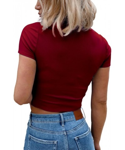 Womens Summer Short Sleeve Slim Fitted Tshirt Round Neck Ribbed Crop Tops Short Sleeve Wine $12.23 T-Shirts