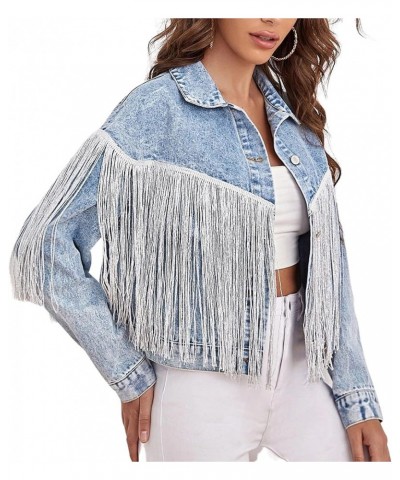 Women’s Distressed Denim Jean Jacket Long Sleeve Fringe Jackets Crop Coats 02 Blue $20.99 Jackets