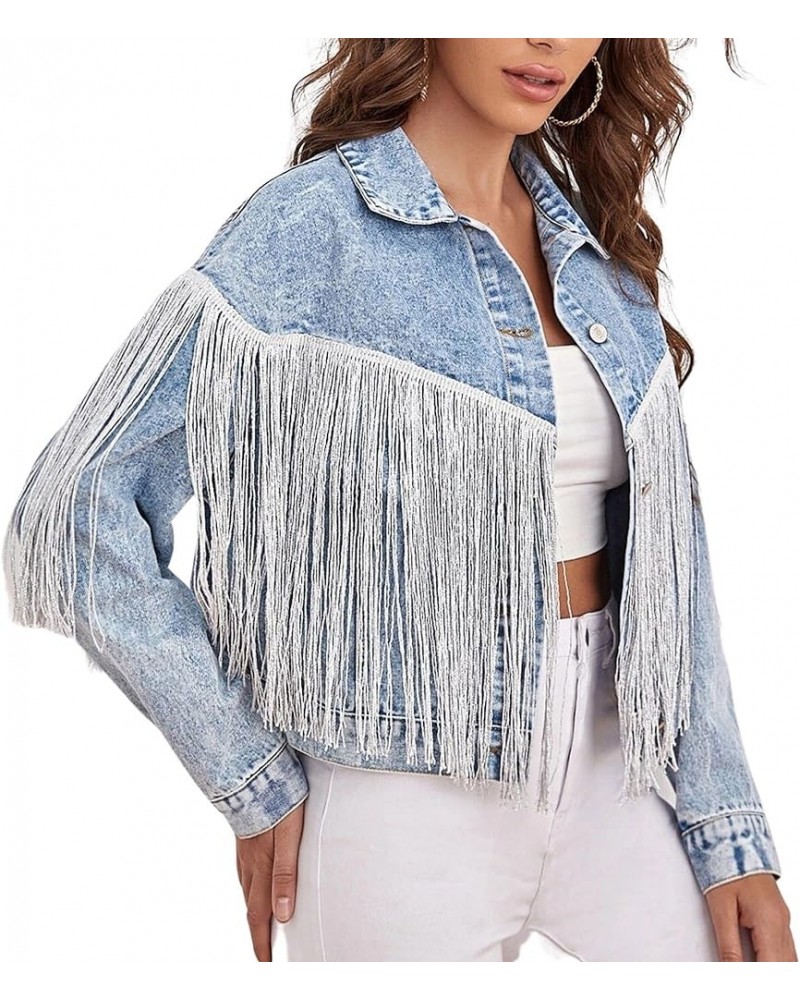 Women’s Distressed Denim Jean Jacket Long Sleeve Fringe Jackets Crop Coats 02 Blue $20.99 Jackets