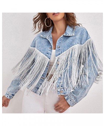 Women’s Distressed Denim Jean Jacket Long Sleeve Fringe Jackets Crop Coats 02 Blue $20.99 Jackets