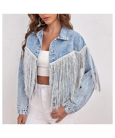 Women’s Distressed Denim Jean Jacket Long Sleeve Fringe Jackets Crop Coats 02 Blue $20.99 Jackets