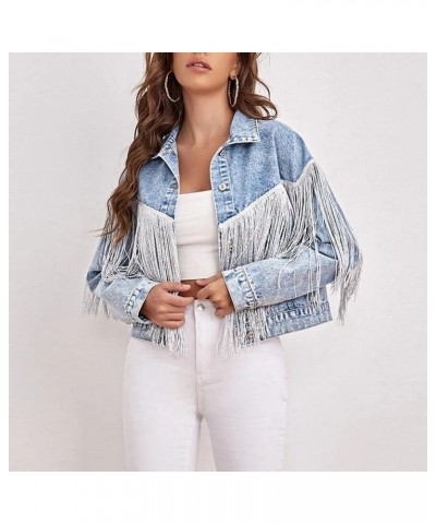 Women’s Distressed Denim Jean Jacket Long Sleeve Fringe Jackets Crop Coats 02 Blue $20.99 Jackets