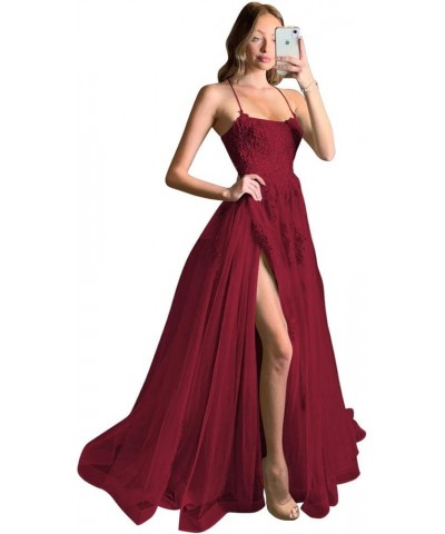 Women's Lace Criss-Cross Prom Dresses 2023 with Slit Spaghetti Straps Long Formal Evening Gowns YZTS058 Wine Red $35.70 Dresses