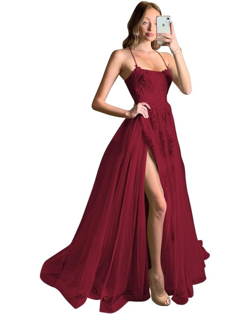 Women's Lace Criss-Cross Prom Dresses 2023 with Slit Spaghetti Straps Long Formal Evening Gowns YZTS058 Wine Red $35.70 Dresses