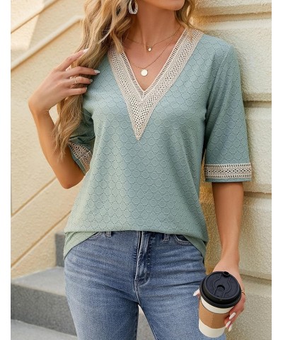 Womens Summer Half Sleeve Shirts Lace V Neck Color Block Tops Dressy Casual Eyelet Blouses T Shirts Green $13.49 Blouses