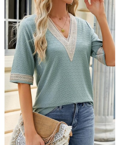 Womens Summer Half Sleeve Shirts Lace V Neck Color Block Tops Dressy Casual Eyelet Blouses T Shirts Green $13.49 Blouses