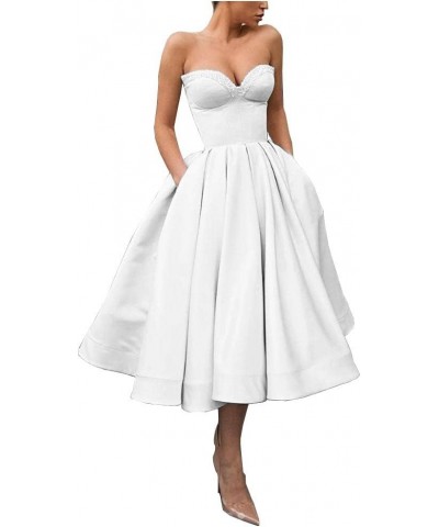 Sweetheart Strapless Short Homecoming Dresses Satin A-line Prom Party Gowns with Pockets White $33.37 Dresses