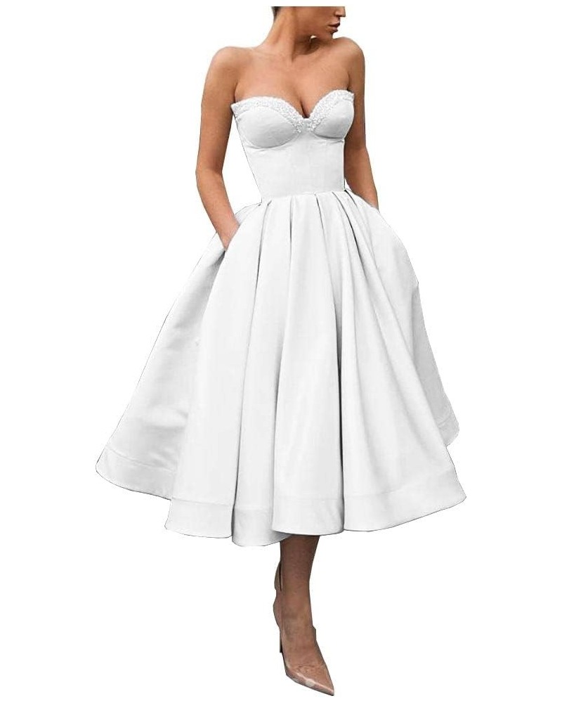 Sweetheart Strapless Short Homecoming Dresses Satin A-line Prom Party Gowns with Pockets White $33.37 Dresses