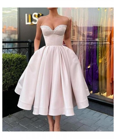 Sweetheart Strapless Short Homecoming Dresses Satin A-line Prom Party Gowns with Pockets White $33.37 Dresses