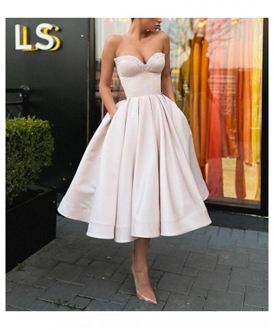 Sweetheart Strapless Short Homecoming Dresses Satin A-line Prom Party Gowns with Pockets White $33.37 Dresses